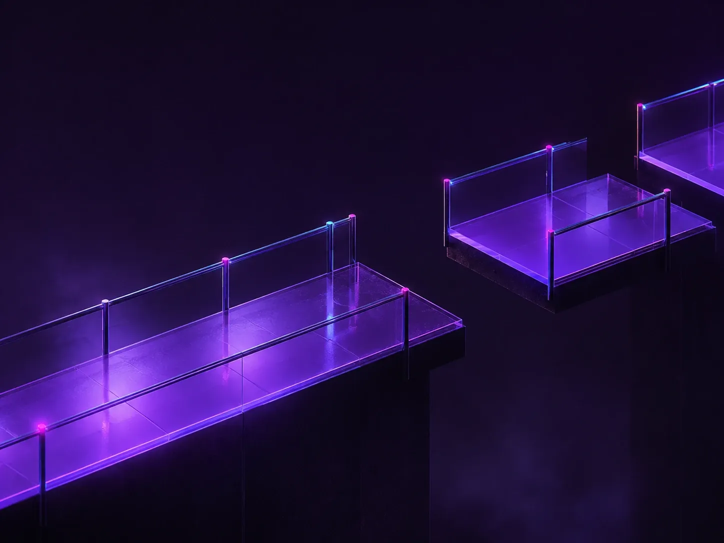 A lit glass bridge breaking off over the void: the remaining spans float without connecting.