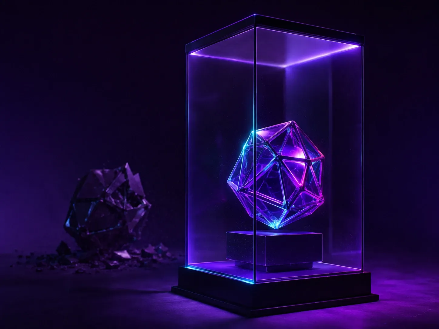 A lit glass polyhedron inside a display case, with the same object shattered in the shadow behind it.