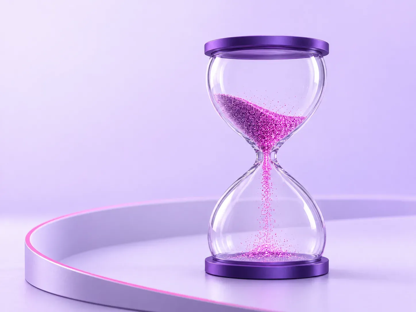 Un reloj de arena de vidrio oscuro por el que caen partículas de luz violeta sin llegar a llenar la base.