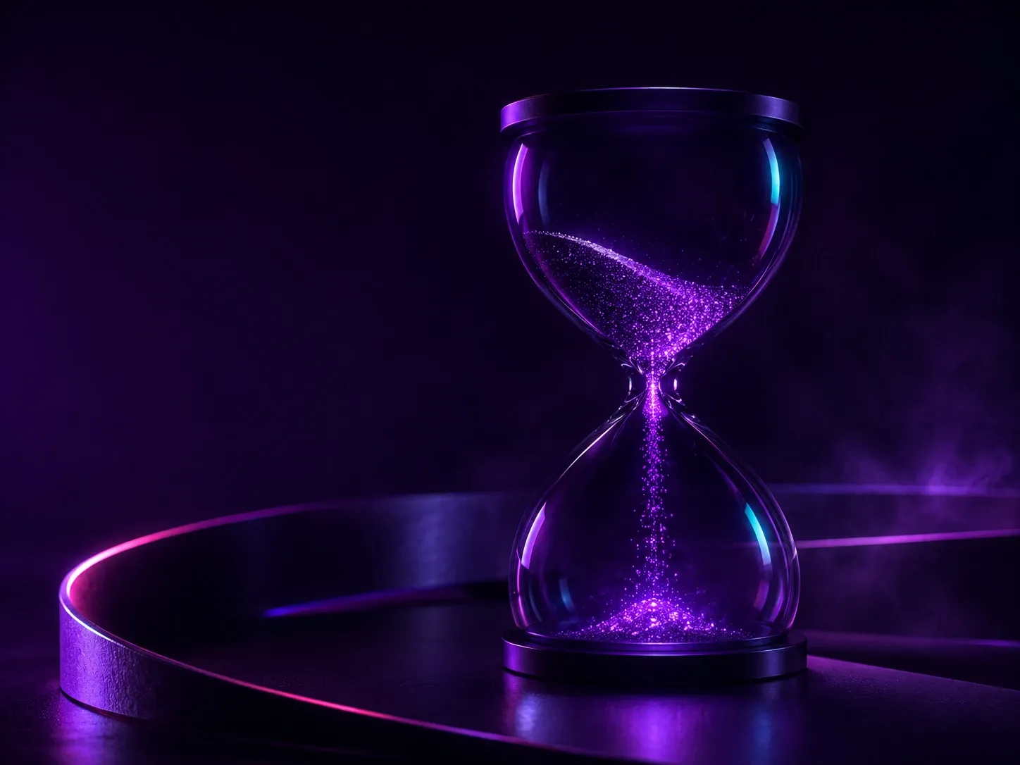 A dark glass hourglass with particles of violet light falling through it, never filling the base.