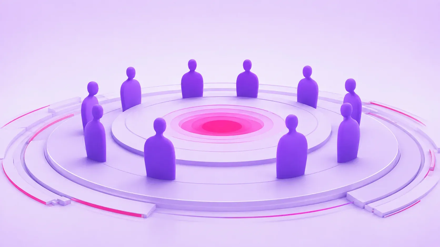 Human silhouettes drawn in violet light, arranged in a circle around a shared bright point.