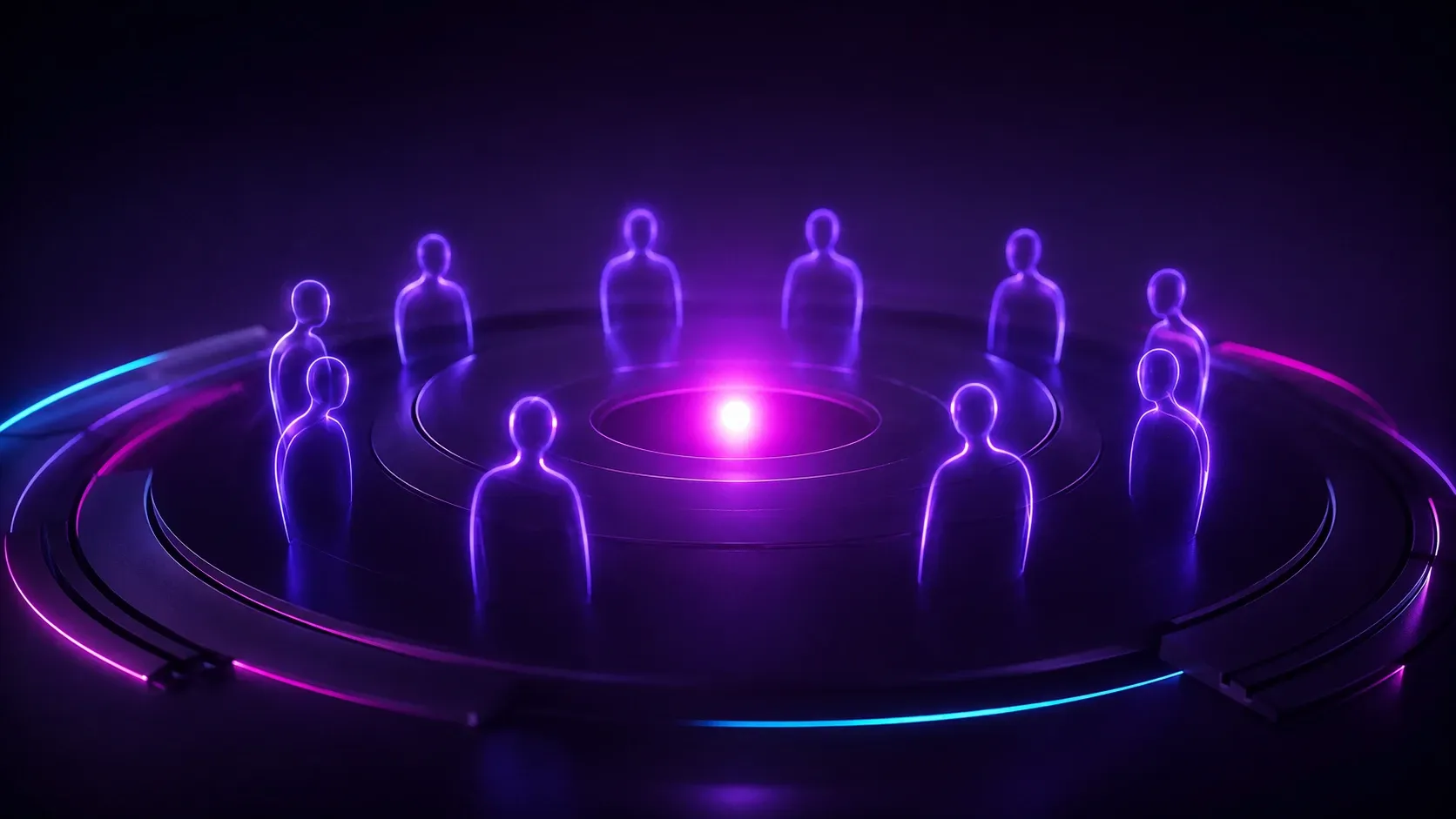 Human silhouettes drawn in violet light, arranged in a circle around a shared bright point.