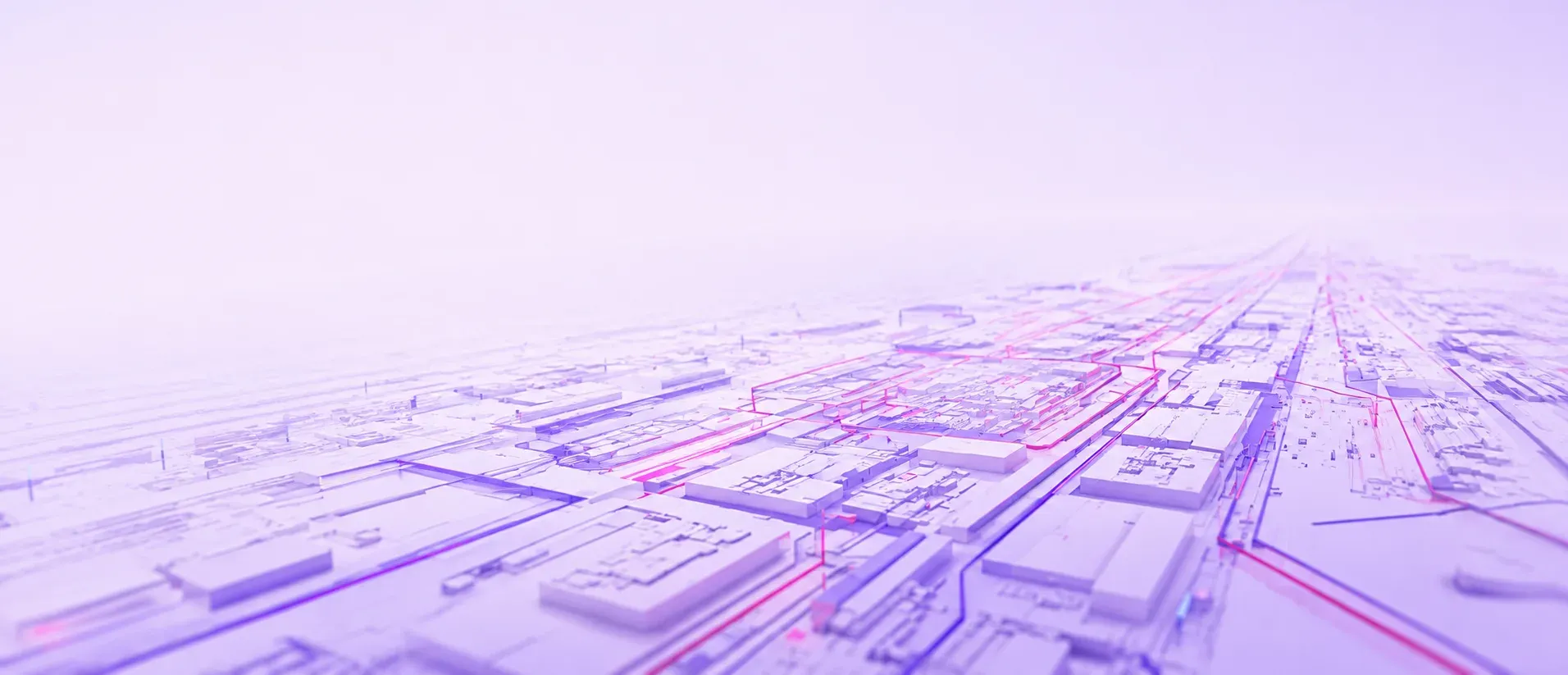 A circuit landscape seen almost at ground level, with traces of violet and magenta light converging on the horizon.