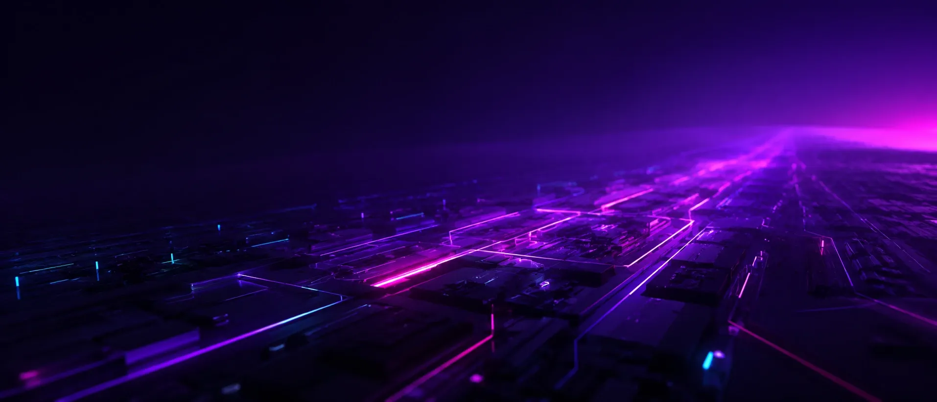 A circuit landscape seen almost at ground level, with traces of violet and magenta light converging on the horizon.