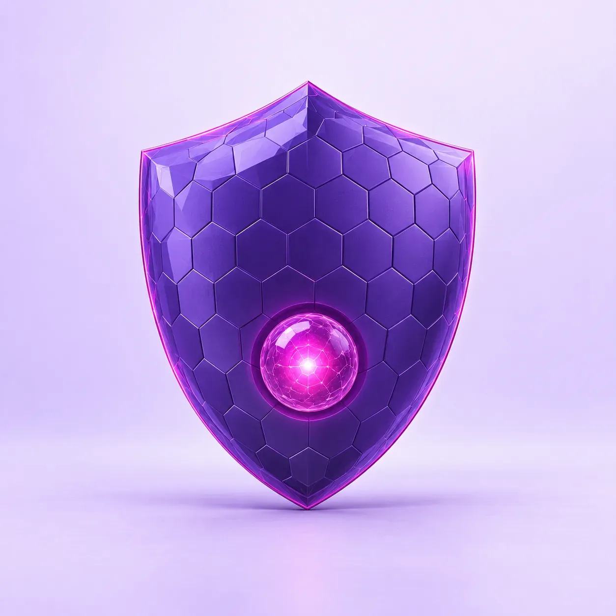 Un escudo de vidrio violeta con la superficie facetada en hexágonos, y adentro un núcleo de luz encendido.