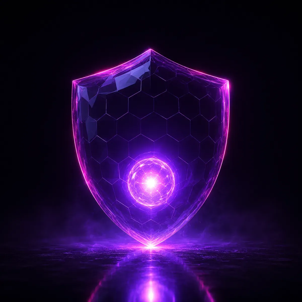 A violet glass shield with a hexagon-faceted surface, a lit core of light inside it.
