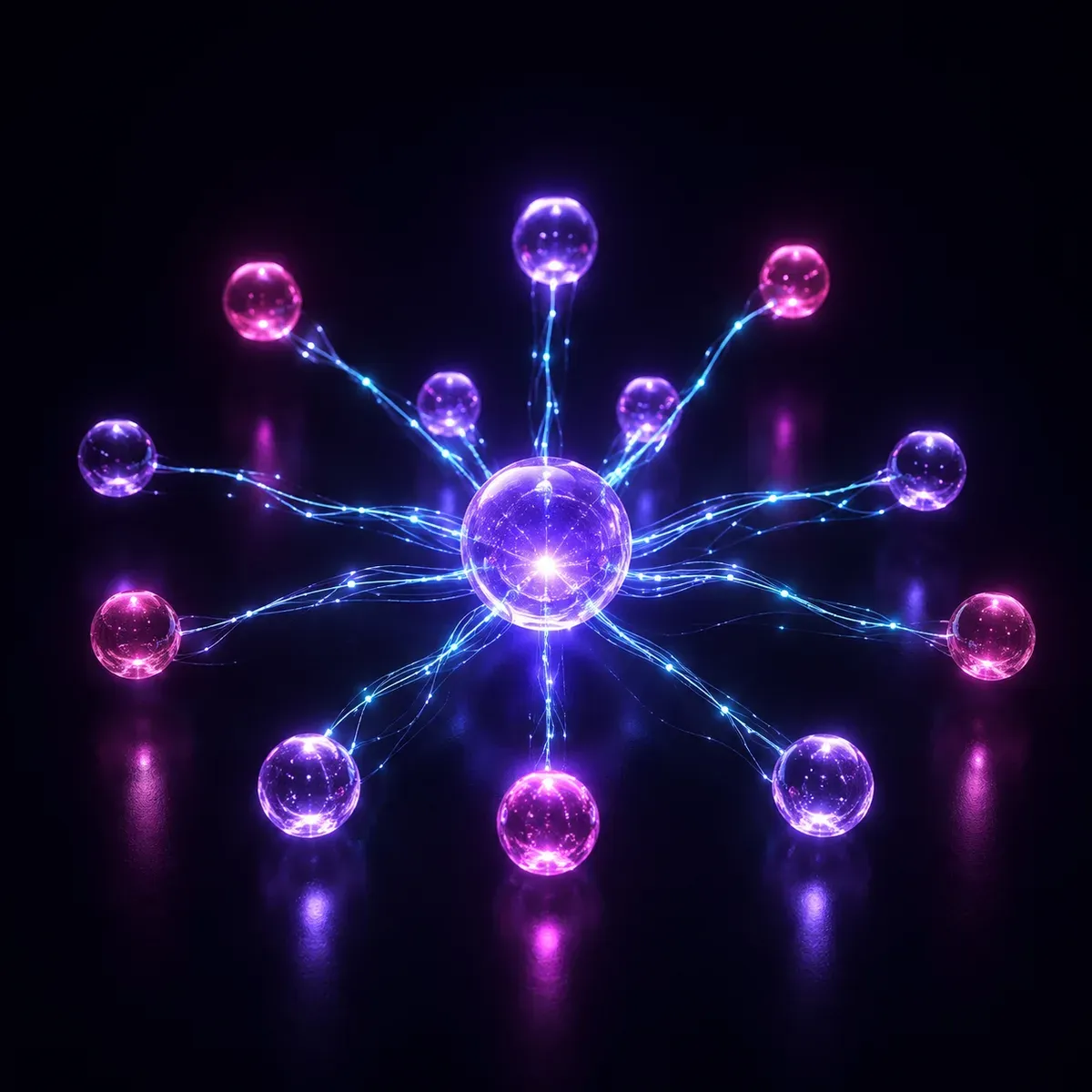 A lit glass sphere at the centre, joined by threads of light to a dozen smaller spheres around it.