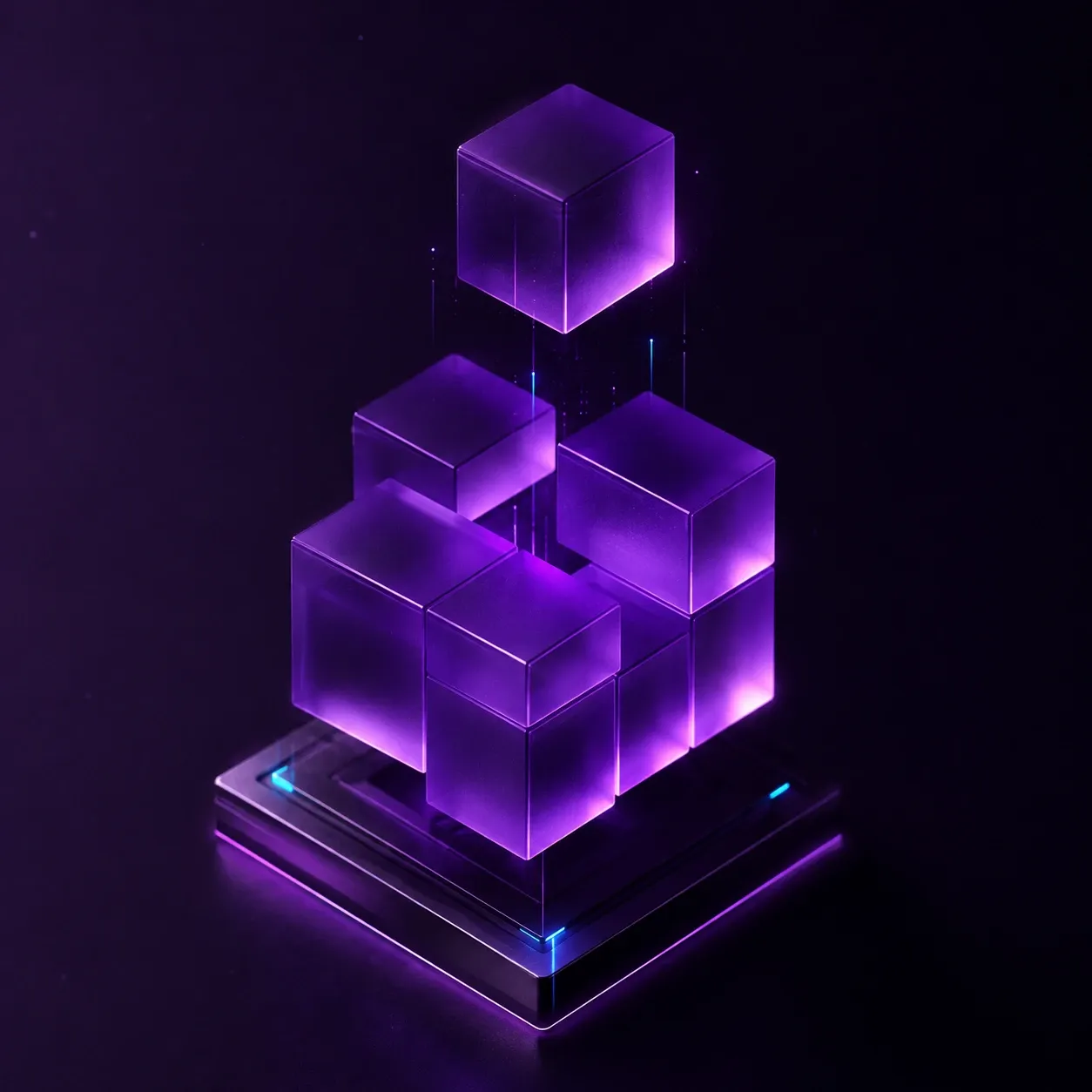 Violet glass blocks locking into each other on a lit base, with one still descending into place.