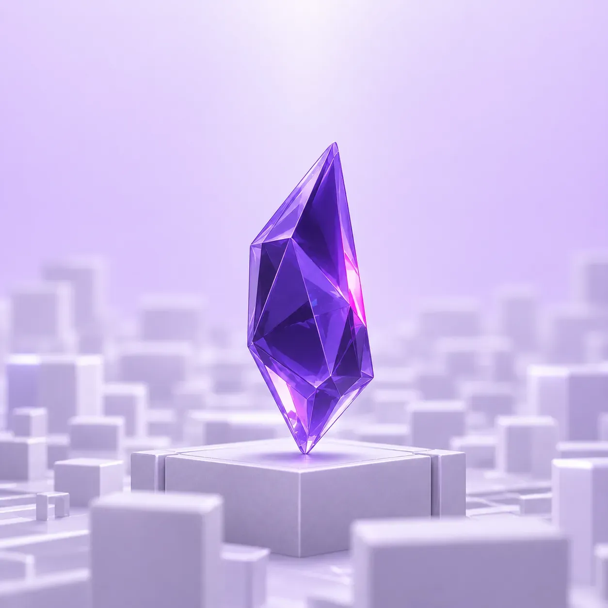 Un cristal violeta iluminado desde arriba, destacado sobre un campo de bloques oscuros y desenfocados.