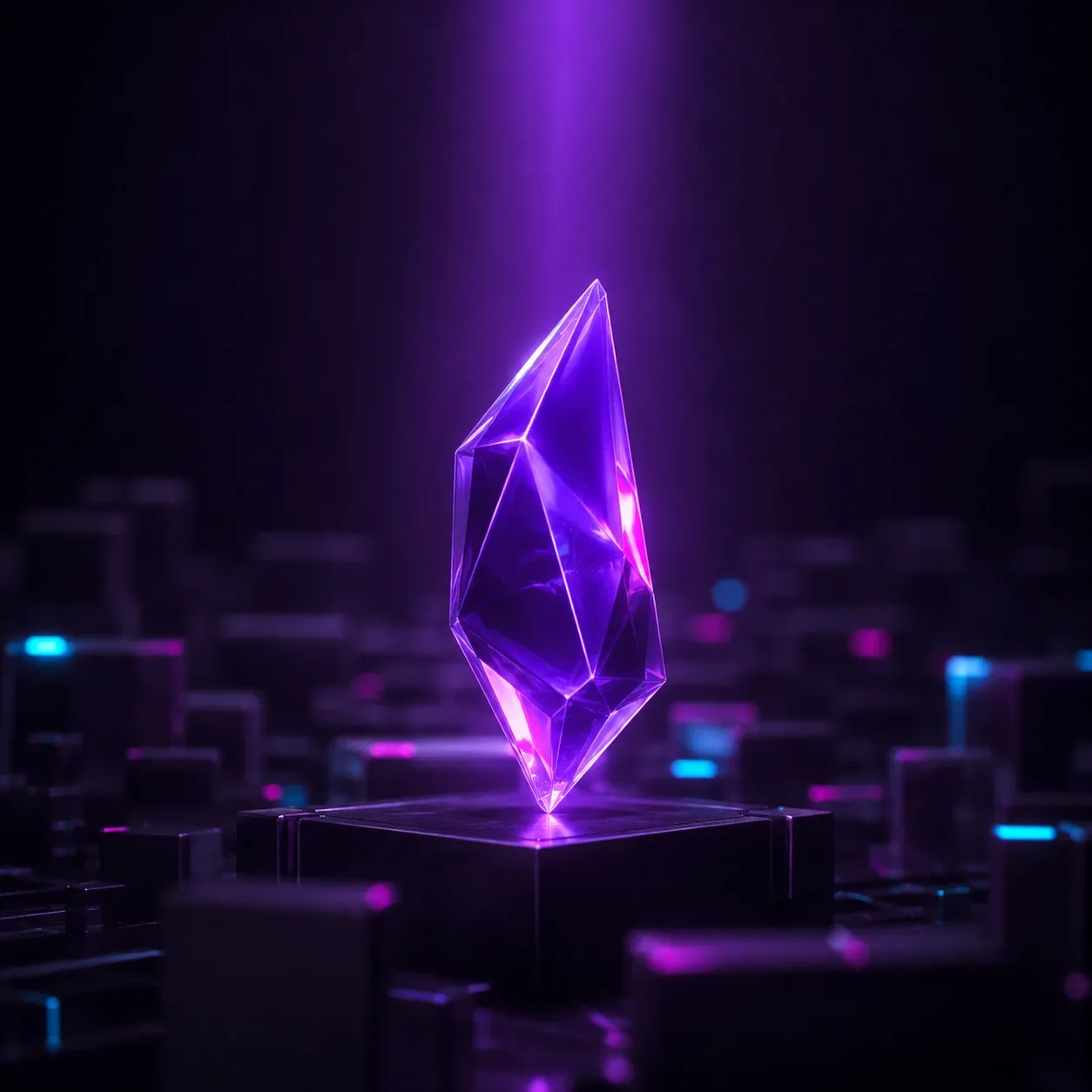 A violet crystal lit from above, standing out against a field of dark, blurred blocks.