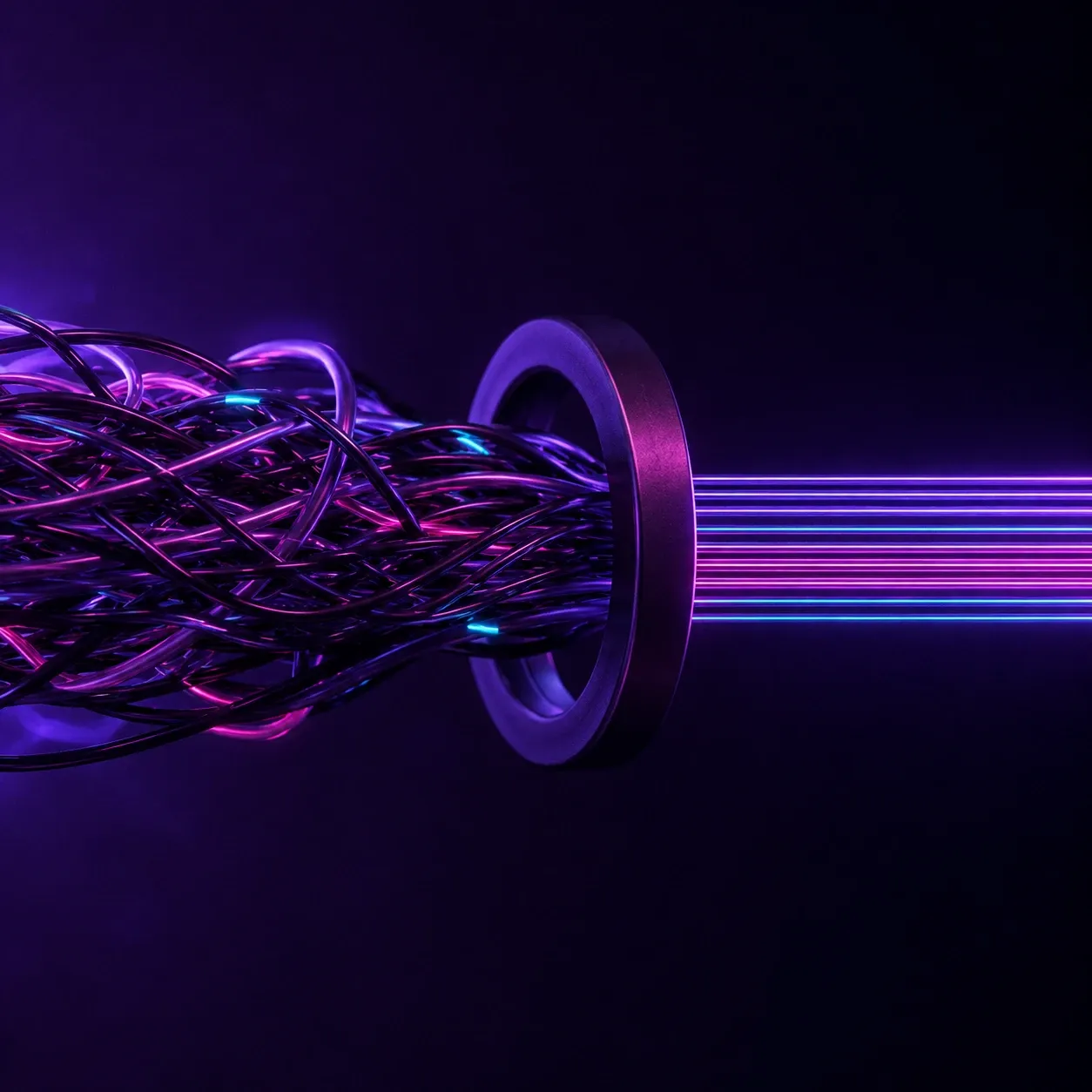 A tangle of cables passing through a ring and emerging as parallel lines of light.